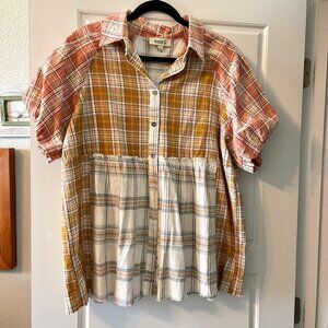 Rockin C Mixed Plaid Patchwork Button Up Bubble Sleeve Empire Seam Shirt Blouse